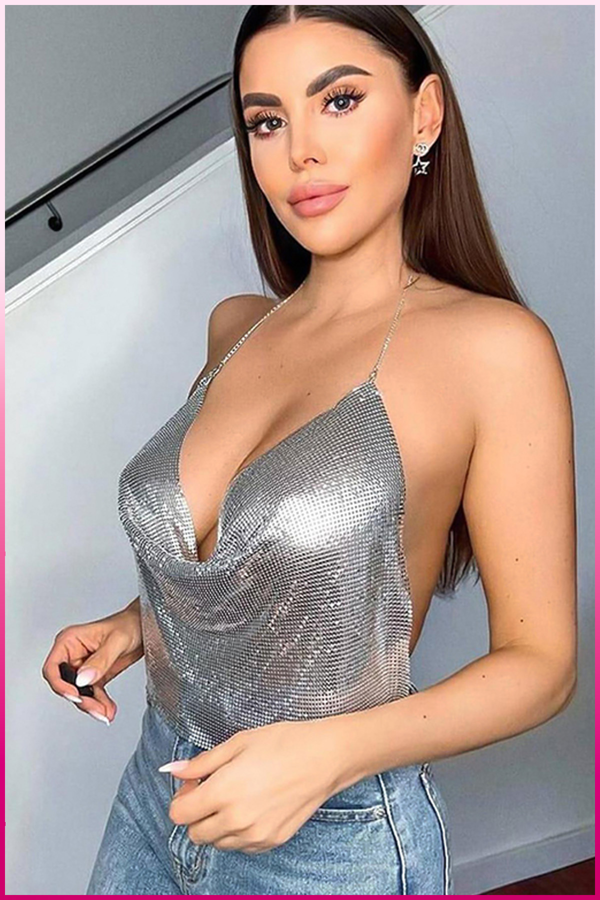 PinkStore Parlak Gümüş Zırh Busti̇yer,Kadın Seksi̇ Zari̇f Crop