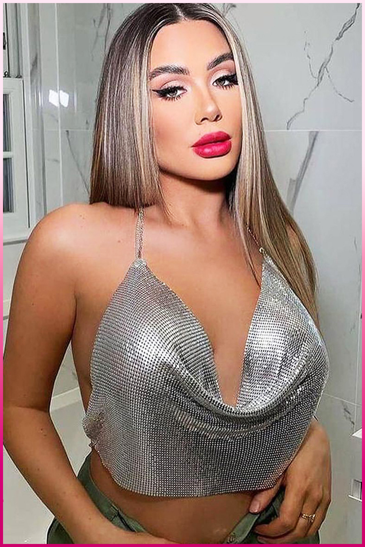 PinkStore Parlak Gümüş Zırh Busti̇yer,Kadın Seksi̇ Zari̇f Crop