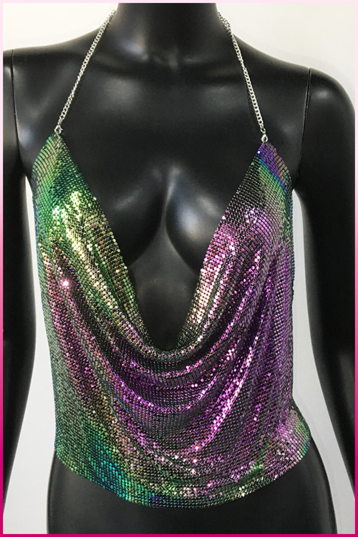 PinkStore Parlak Gökuşağı Zırh Busti̇yer, Zari̇f Parlak Crop