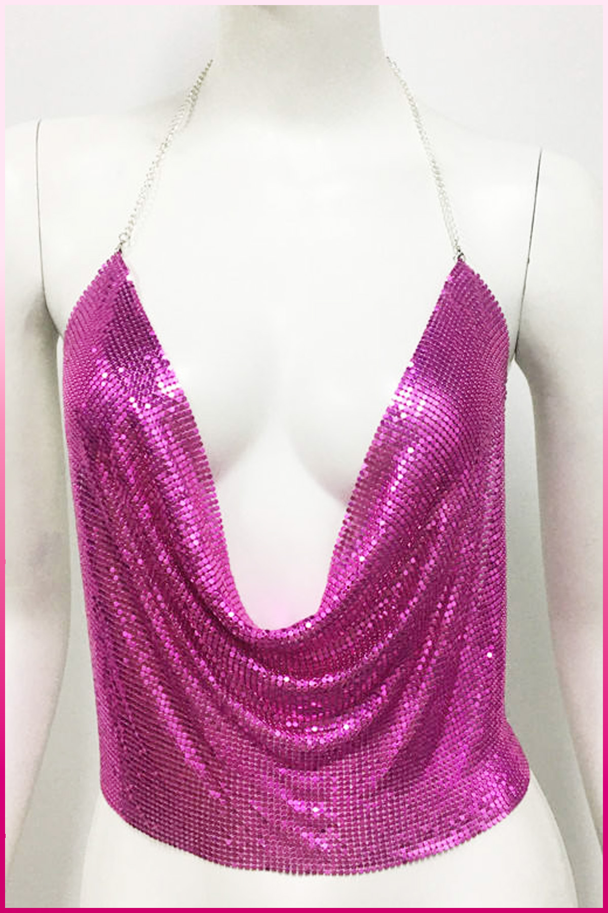 PinkStore Parlak Fuşya Zırh Busti̇yer, Zari̇f Parlak Crop