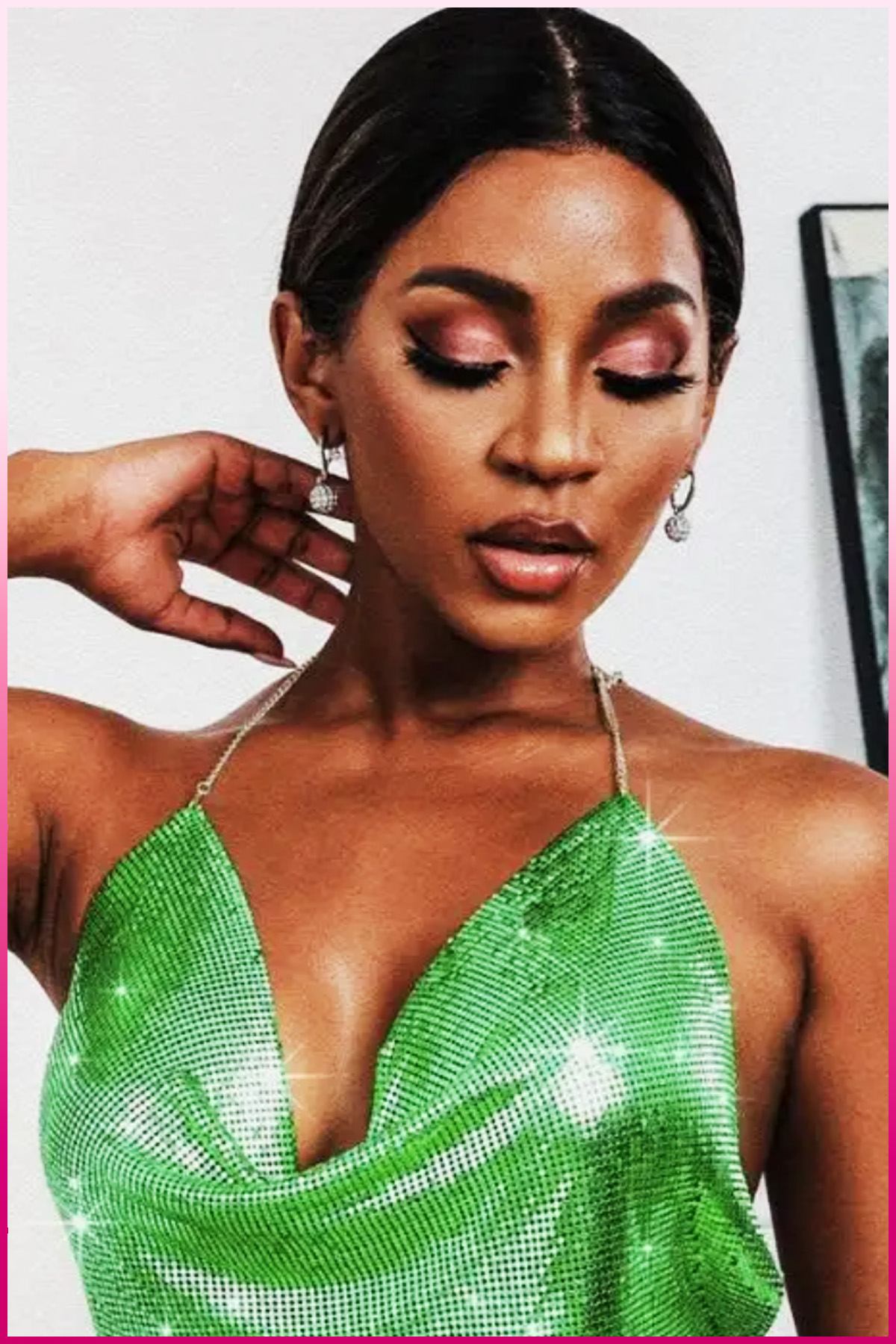 PinkStore Kri̇stal Yeşi̇l Taşlı Parlak Crop & Bluz Kolsuz Kayık Yaka Parti̇ Plaj Büsti̇yer