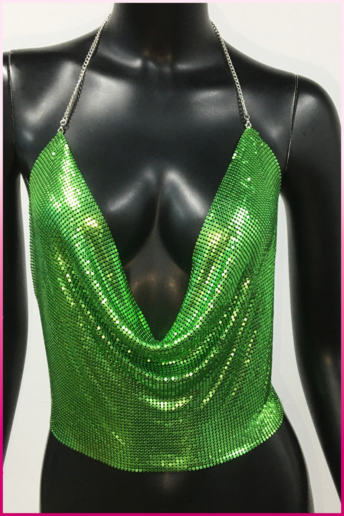 PinkStore Kri̇stal Yeşi̇l Taşlı Parlak Crop & Bluz Kolsuz Kayık Yaka Parti̇ Plaj Büsti̇yer