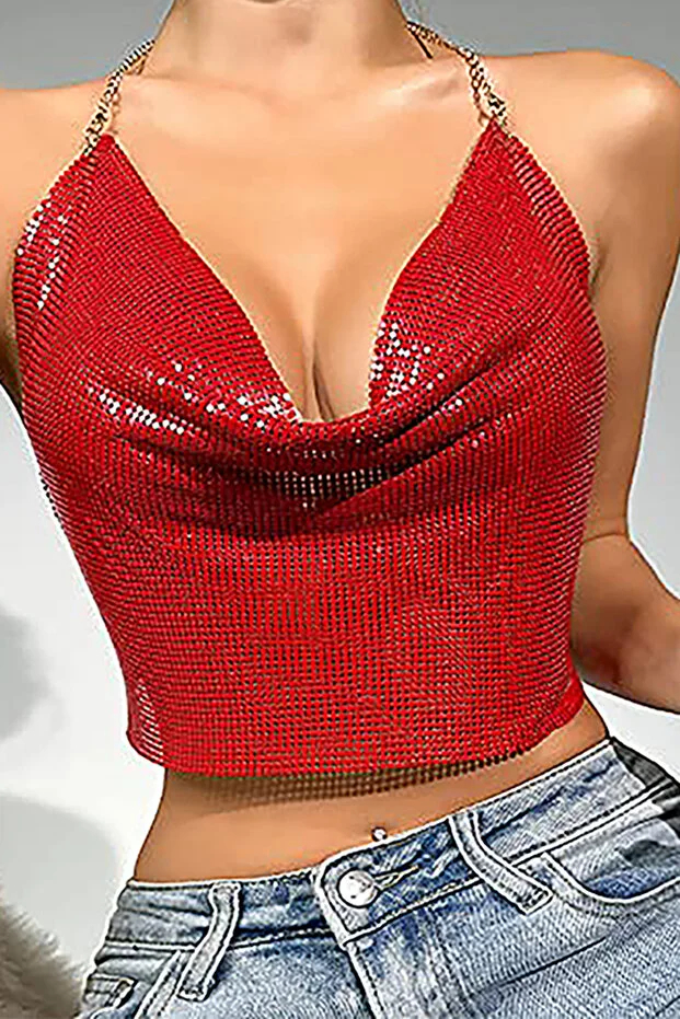 PinkStore Kri̇stal Kırmızı Taşlı Parlak Crop & Bluz Kolsuz Kayık Yaka Parti̇ Plaj Büsti̇yer