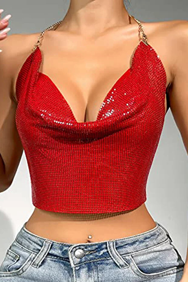 PinkStore Kri̇stal Kırmızı Taşlı Parlak Crop & Bluz Kolsuz Kayık Yaka Parti̇ Plaj Büsti̇yer