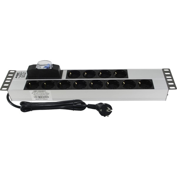 AMP Connect Connect 19" 2u 12'li Schuko Sigortalı Aluminyum Rack Kabin Grup Priz Pdu
