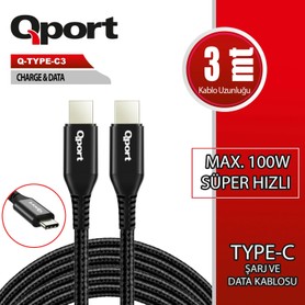 Qport Q-Type-C3 3m Type-C 100W Super Hızlı Pd Sarj ve Data Kablosu