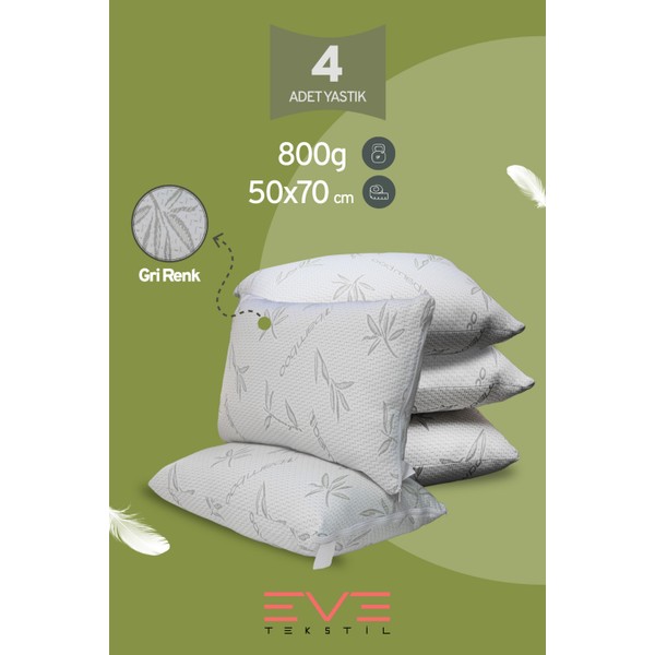 Eve Tekstil 4 Adet Bamboo Gri Serisi Kılıflı Fermuarlı Yıkanabilir Antialerjik Silikon Elyaf Yastık 50 x 70 cm 800 gr
