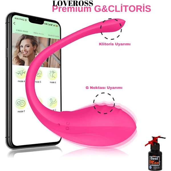 LOVEROSS 10 Titreşim Fonksiyonlu Telefon Kontrollü Şarjlı G Noktası ve Klitoris Vibratörü Pembe