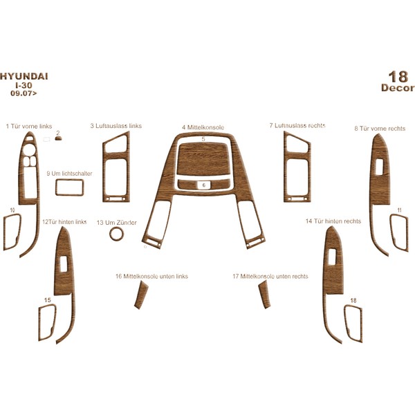 Mars Cockpit Design Hyundai I30 Konsol-Torpido Kaplama 2008 18 Parça Açık Meşe