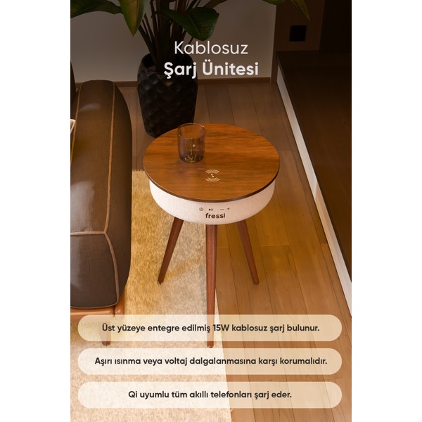 Fressi Bluetooth Hoparlör Hızlı Şarj Destekli Ahşap Ayaklı Kablolu Sehpa Speaker Fr-Sh2502