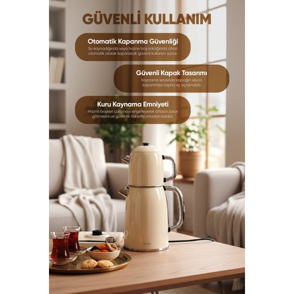 Fressi Dijital Çay Makinesi 2 In 1 Krem Renkli Çelik 0,8 L Demlik Ve 1,8 L Su