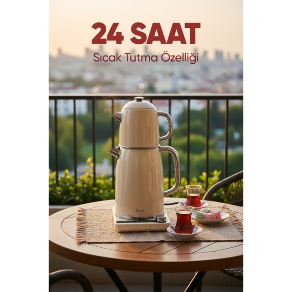 Fressi Dijital Çay Makinesi 2 In 1 Krem Renkli Çelik 0,8 L Demlik Ve 1,8 L Su