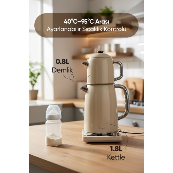 Fressi Dijital Çay Makinesi 2 In 1 Krem Renkli Çelik 0,8 L Demlik Ve 1,8 L Su