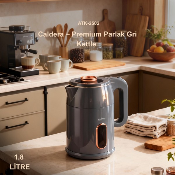 Evona Kettle Gri Su Isıtıcısı 1.8 Litre Kapasite & Paslanmaz Çelik & Led Gösterge Işıklı