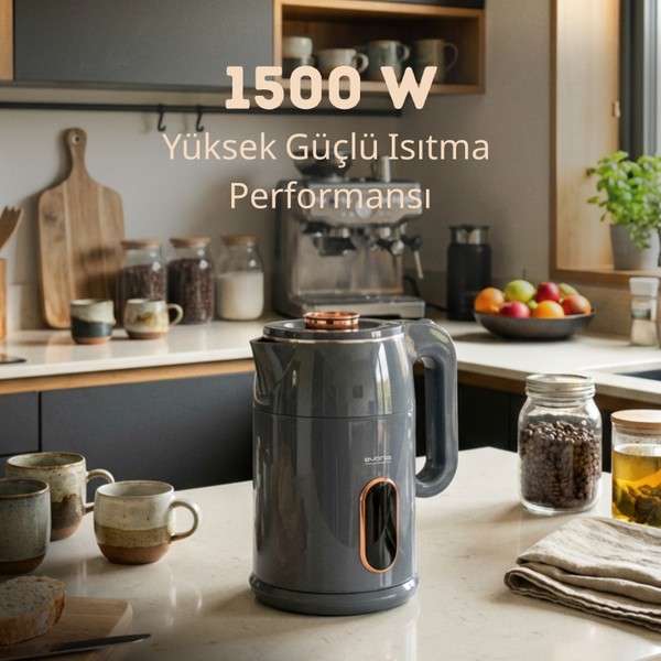 Evona Kettle Gri Su Isıtıcısı 1.8 Litre Kapasite & Paslanmaz Çelik & Led Gösterge Işıklı