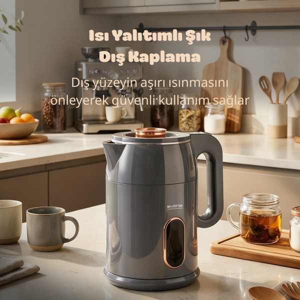 Evona Kettle Gri Su Isıtıcısı 1.8 Litre Kapasite & Paslanmaz Çelik & Led Gösterge Işıklı