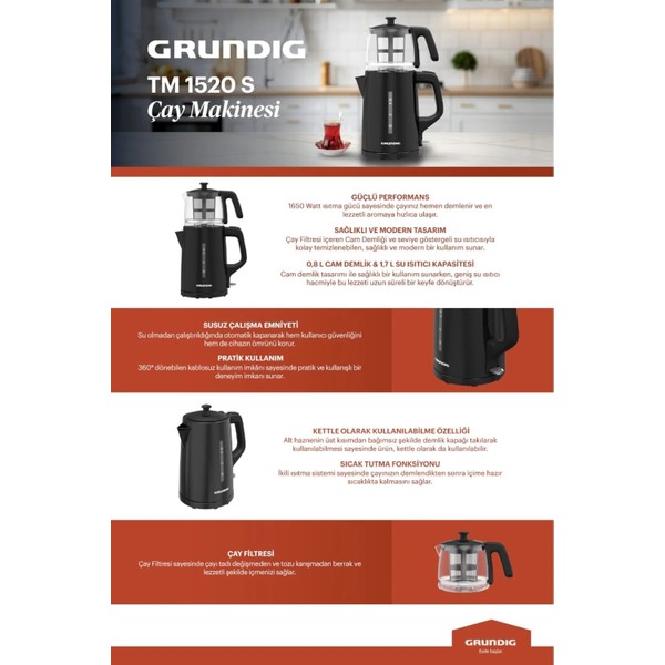 Grundig Tm 1520 S Siyah Çay Makinesi 0.8 Lt Cam Demlik Kapasitesi Ve Plastik Gövde