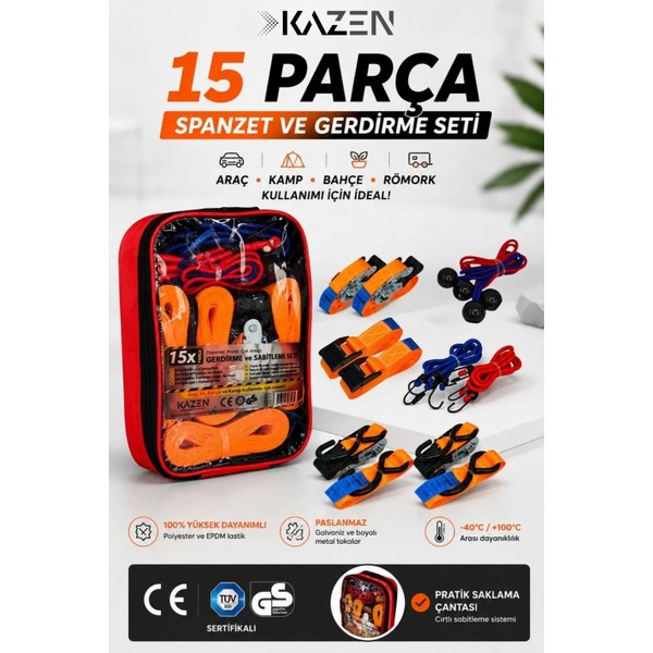 KAZEN 15x Parça Set - Spanzet Mandallı Gerdirme Halat Bagaj Lastiği ve Kayış Seti