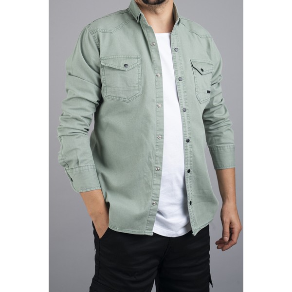Bombe Slim Fit Erkek Kot Gömlek Su Yeşili