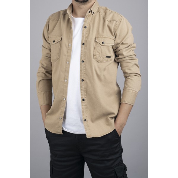 Bombe Slim Fit Erkek Kot Gömlek Bej
