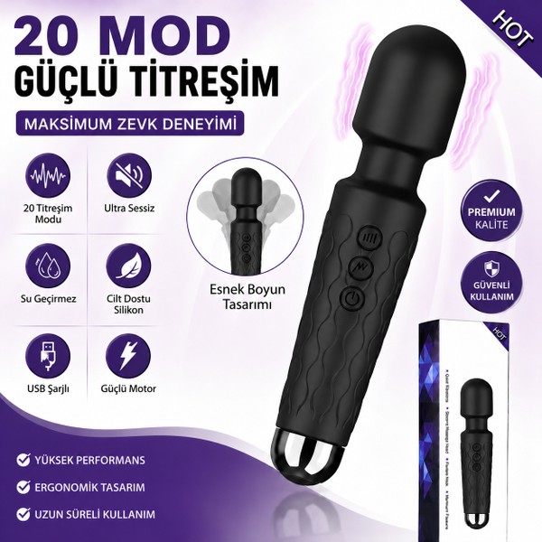Sensvia Premium 20 Titreşim Modlu Güçlü Titreşimli Şarjlı Masaj Vibratör Anal Vajinal Klitoris Vibratör - Siyah