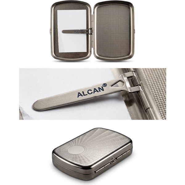 Alcan Premium Desenli Metal Tütün ve Sigara Tabakası - Yaylı Klipsli Gümüş Renk Kutu