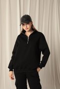 Znd Fashion Üç İplik Dik Yaka Yarım Fermuarlı Kadın Siyah Sweat