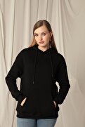 Znd Fashion Üç İplik Kanguru Cep Kapüşonlu Kadın Siyah Sweat