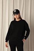 Znd Fashion Üç İplik Sıfır Yaka Çimalı Kadın Siyah Sweat