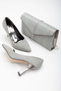 Lulo Kadın Şık Tarz 9 Cm Özel Üretim Kalın Topuklu Stiletto Ve Çanta Takımı Platin