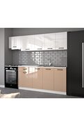 Visasconcept 240 Cm Güneş Hazır Mutfak Dolabı Parlak Hıgh-Gloss Aspiratör Modüllü Beyaz Ve Cappucino