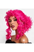 Evimdeyokyok Neon Pembe Bukleli Kıvırcık Cosplay Peruğu - İçi Astarlı