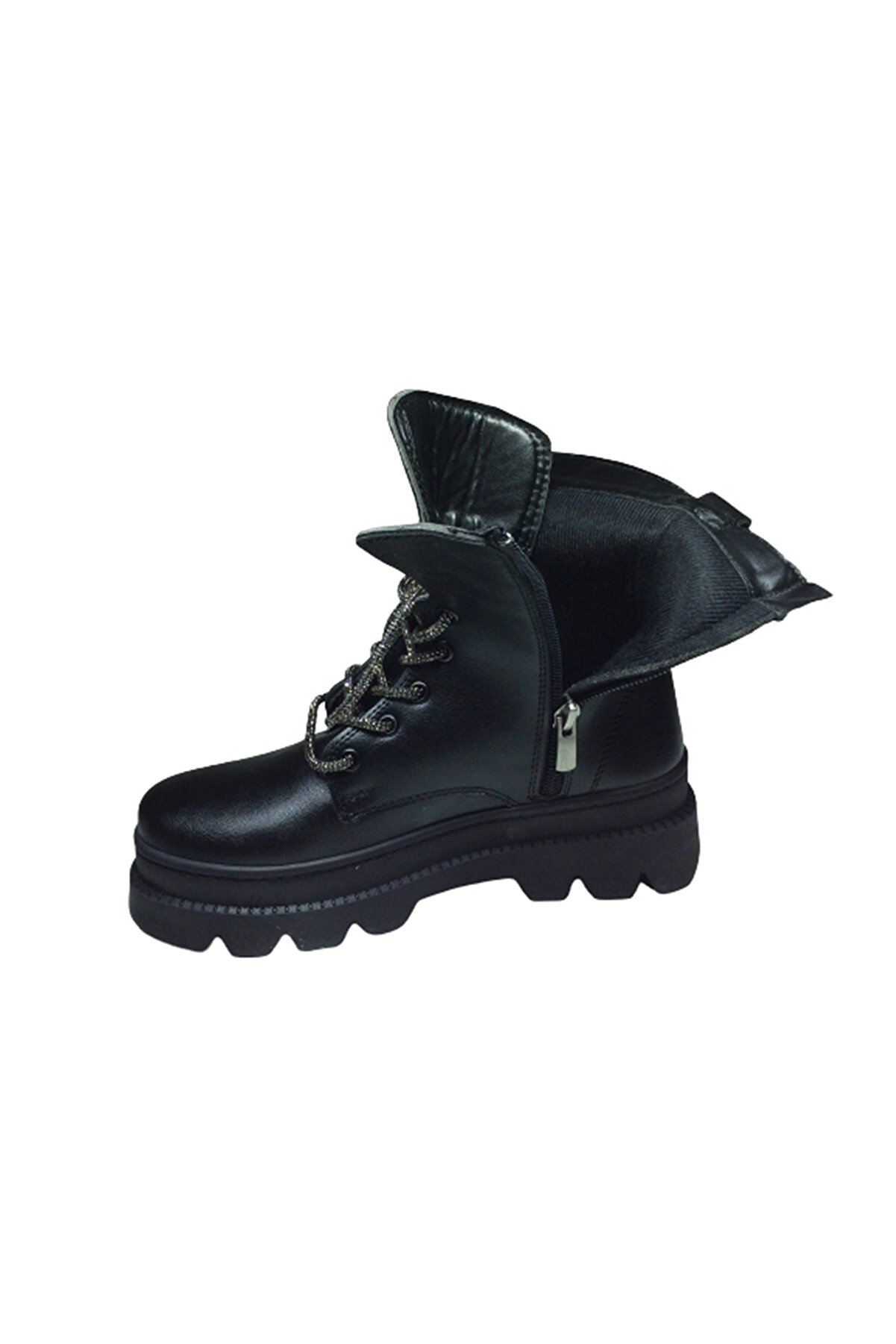 2002 Womenly Style Kadın Si̇yah Taşlı Postal Bot Bağcıklı Ve Fermuarlı