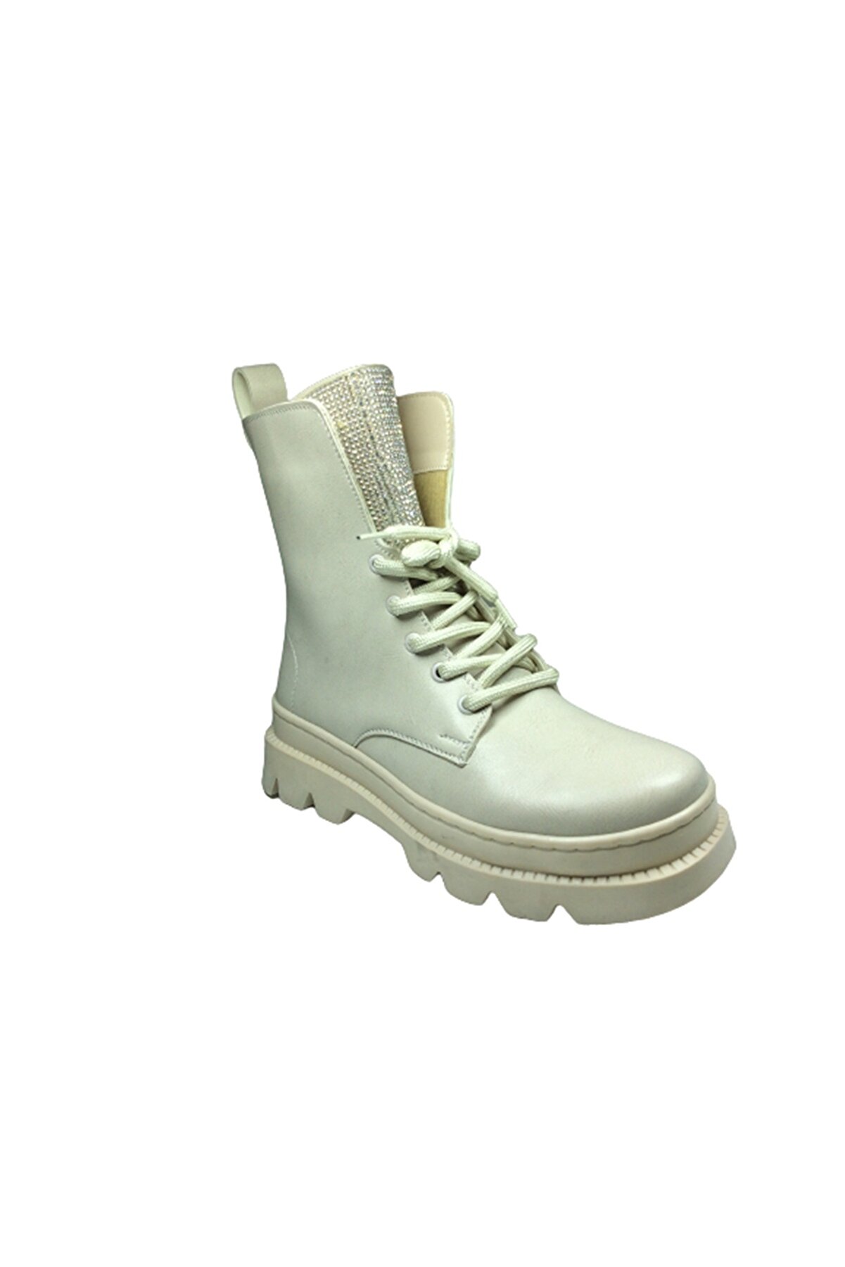 OrtopedikAL 2002 Womenly Style Kadın Ten Bej Rengi Taşlı Postal Bot Bağcıklı Ve Fermuarlı