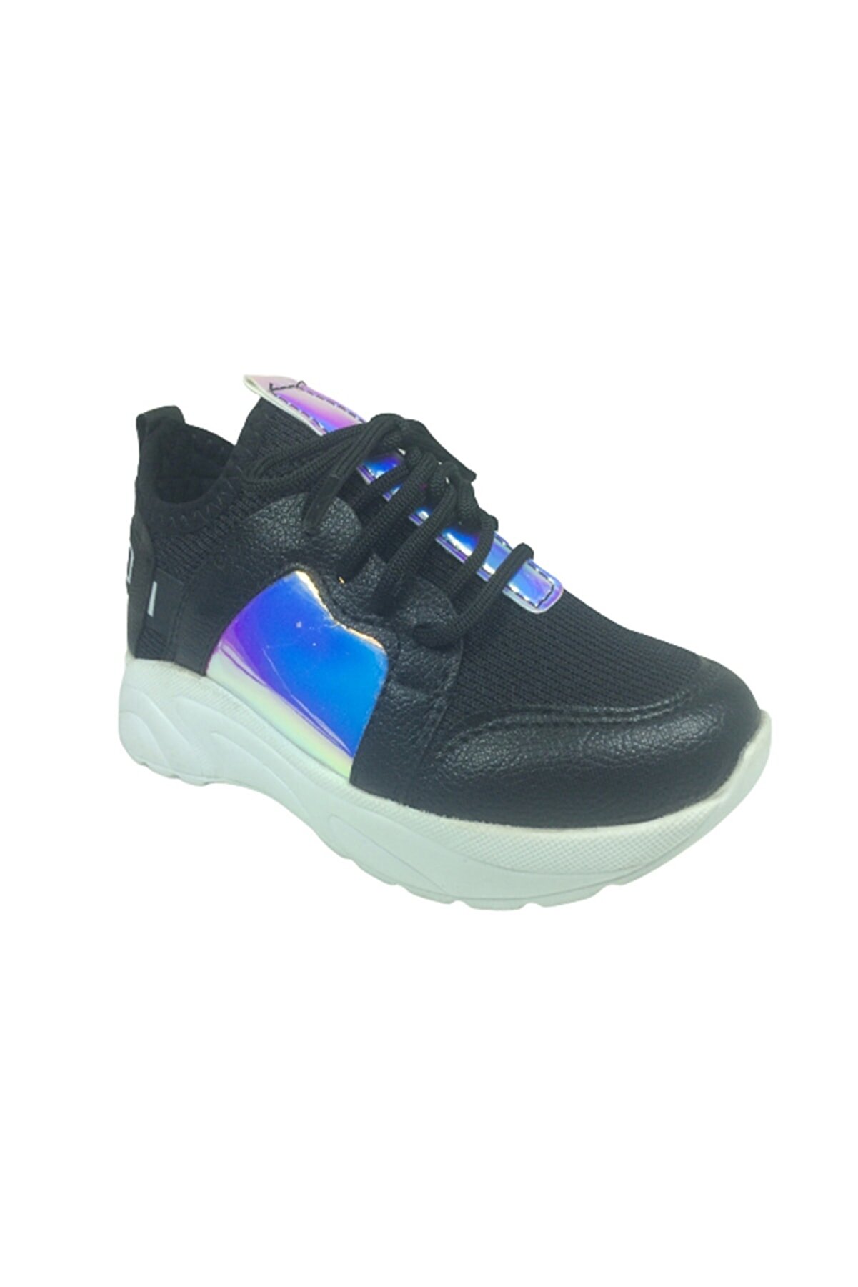 Pati̇k Si̇yah Hologramlı Düz Aynalı Kız Çocuk Günlük Spor Ayakkabı Bağcıklı Tri̇ko
