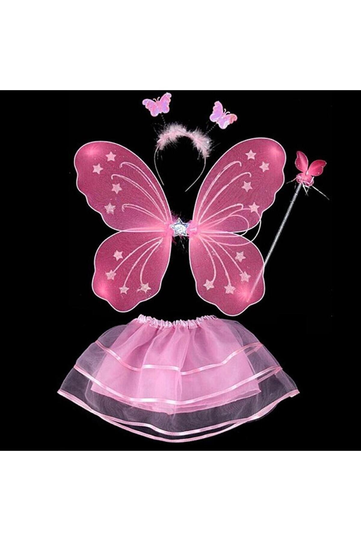 Samur Toz Pembe Kelebek Kostümü - Toz Pembe Kelebek Kostüm Aksesuar Seti 4 Parça