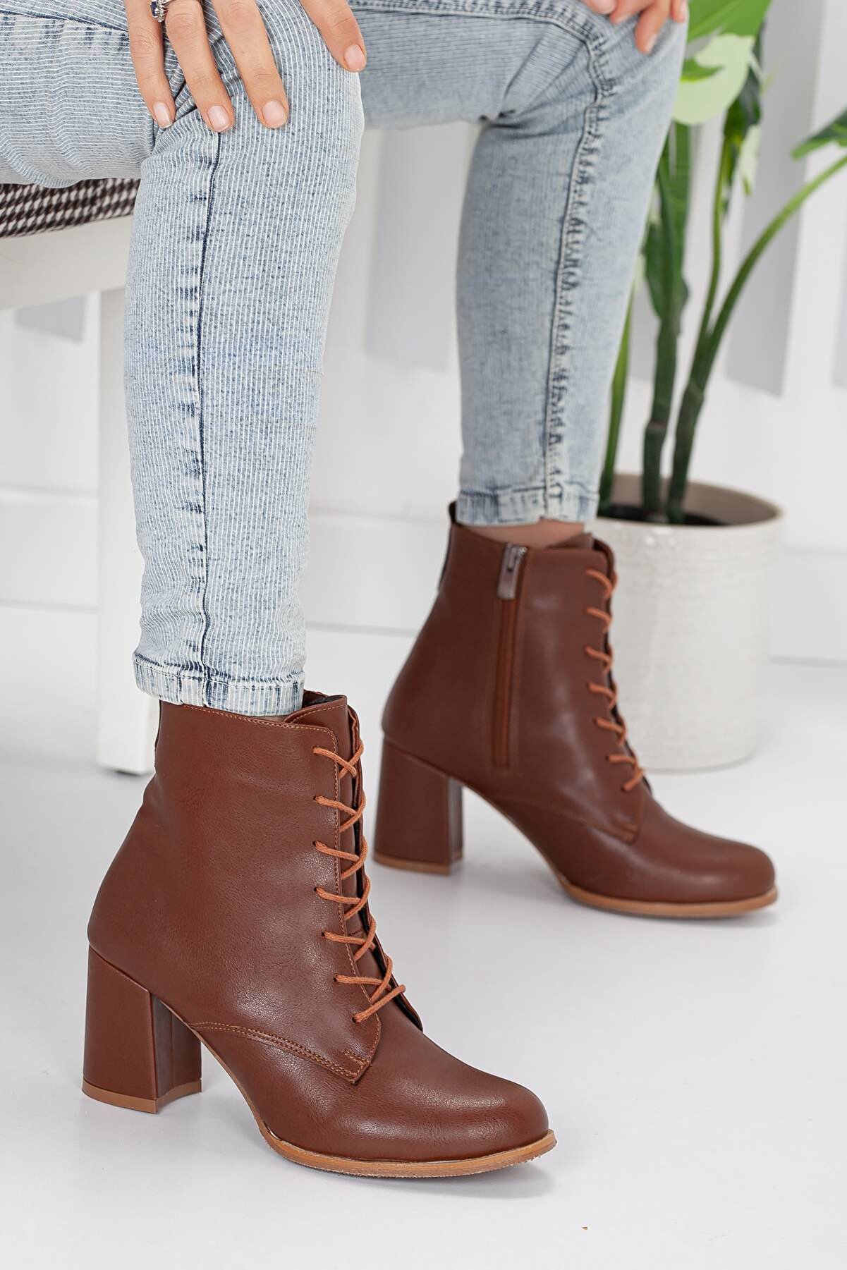 Gult Kadın Günlük Bot Fermuarlı Bağcıklı Yuvarlak Burun Taba Ci̇lt