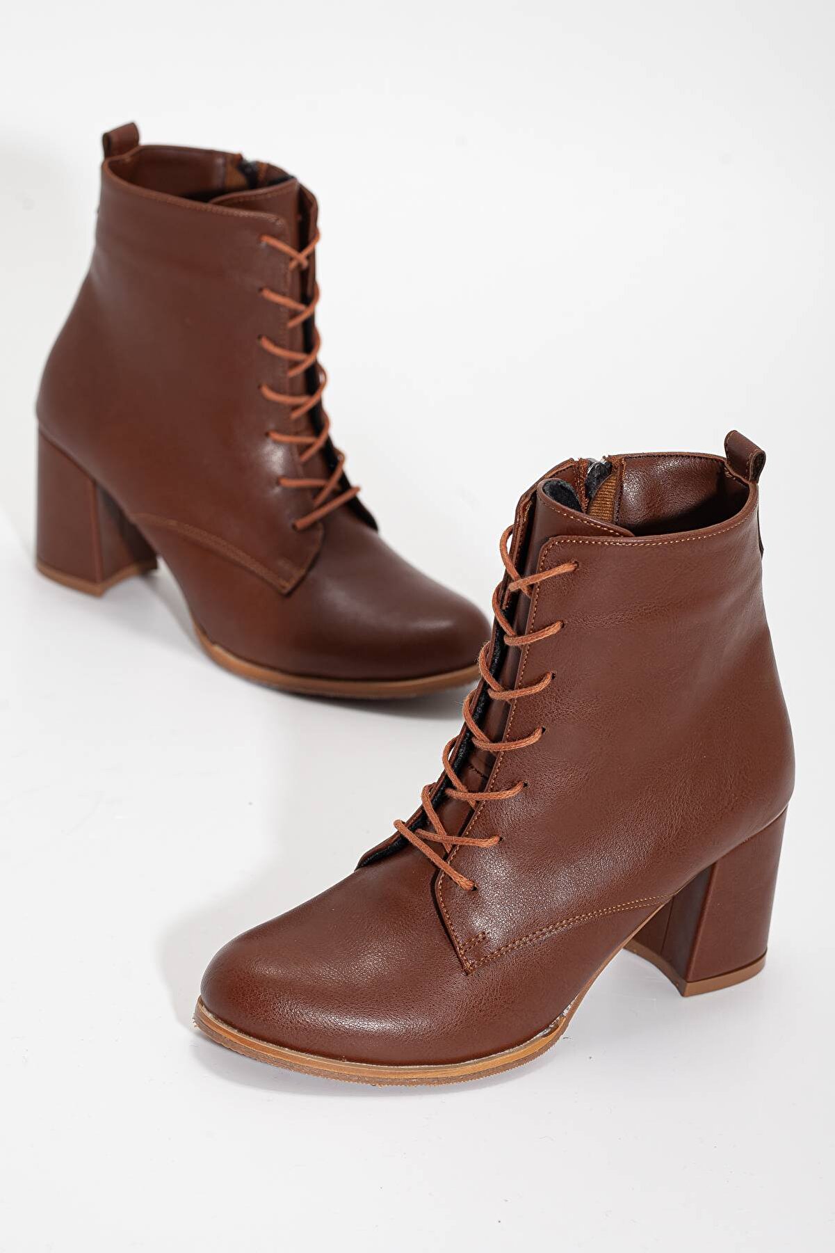 Gult Kadın Günlük Bot Fermuarlı Bağcıklı Yuvarlak Burun Taba Ci̇lt