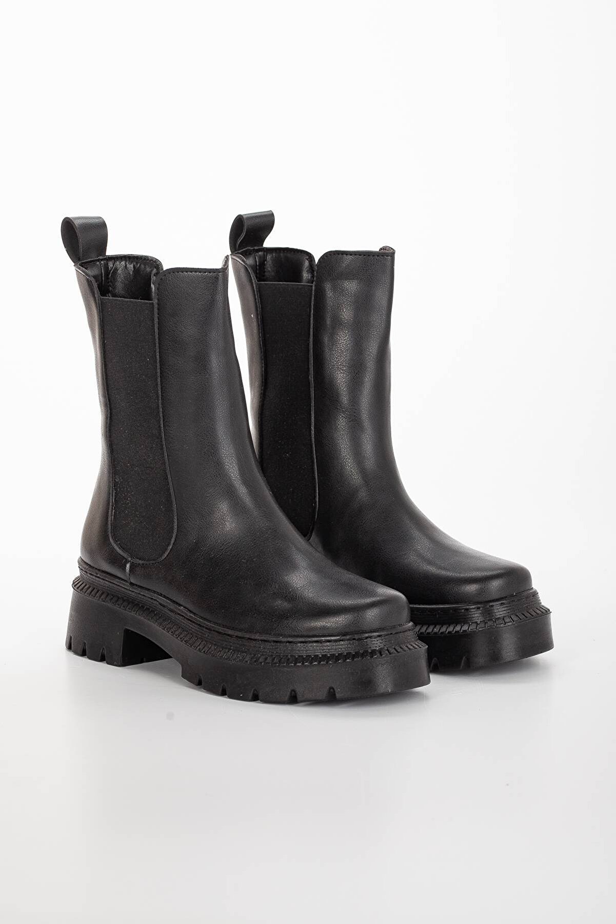 Gult Kadın Özel Üreti̇m Kalın Tabanlı Lasti̇kli̇ Çekme Si̇yah Bot