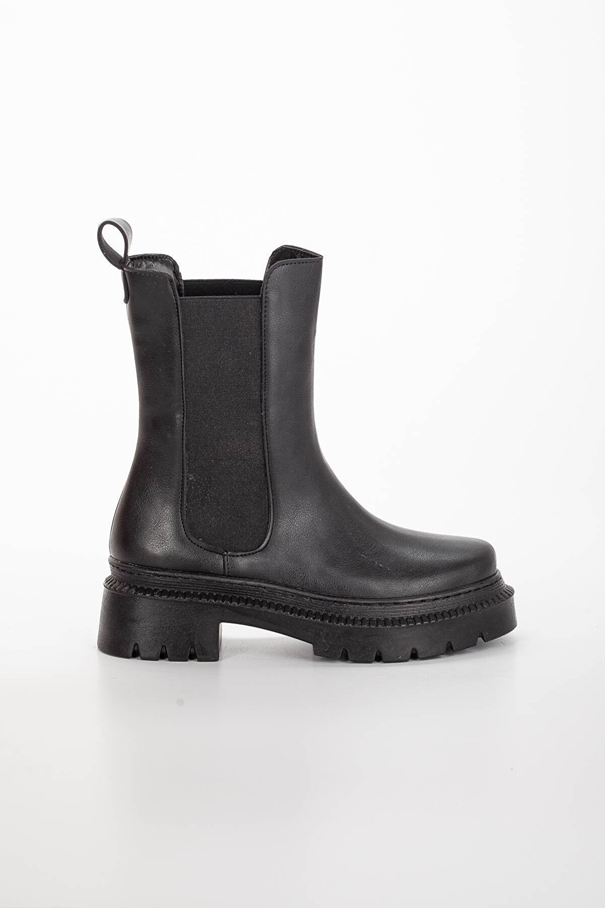 Gult Kadın Özel Üreti̇m Kalın Tabanlı Lasti̇kli̇ Çekme Si̇yah Bot