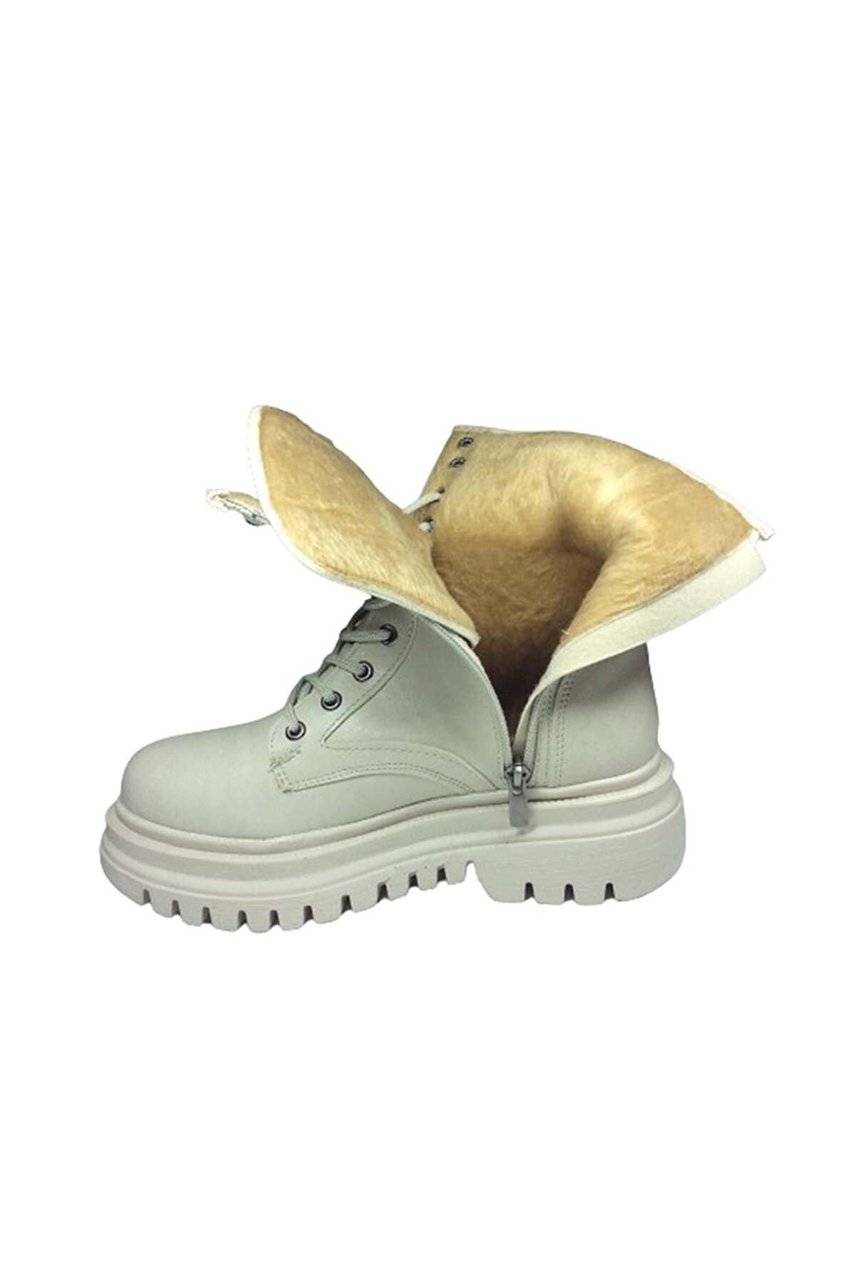 2005 Womenly Style Kadın Bot Bej Yanı Paraşüt Kumaşlı Bağcıklı Ve Fermuarlı Bot Deri̇