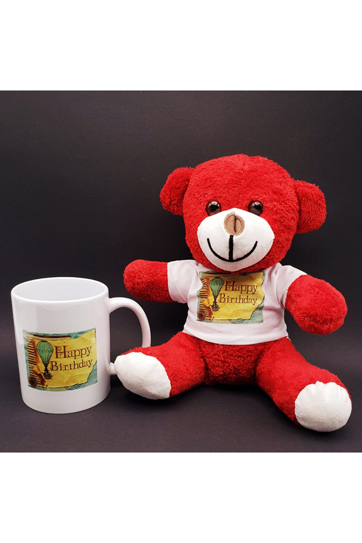 evimdeyokyok Happy Birthday Baskılı Kırmızı Ayı Ve Kupa Bardak Seti