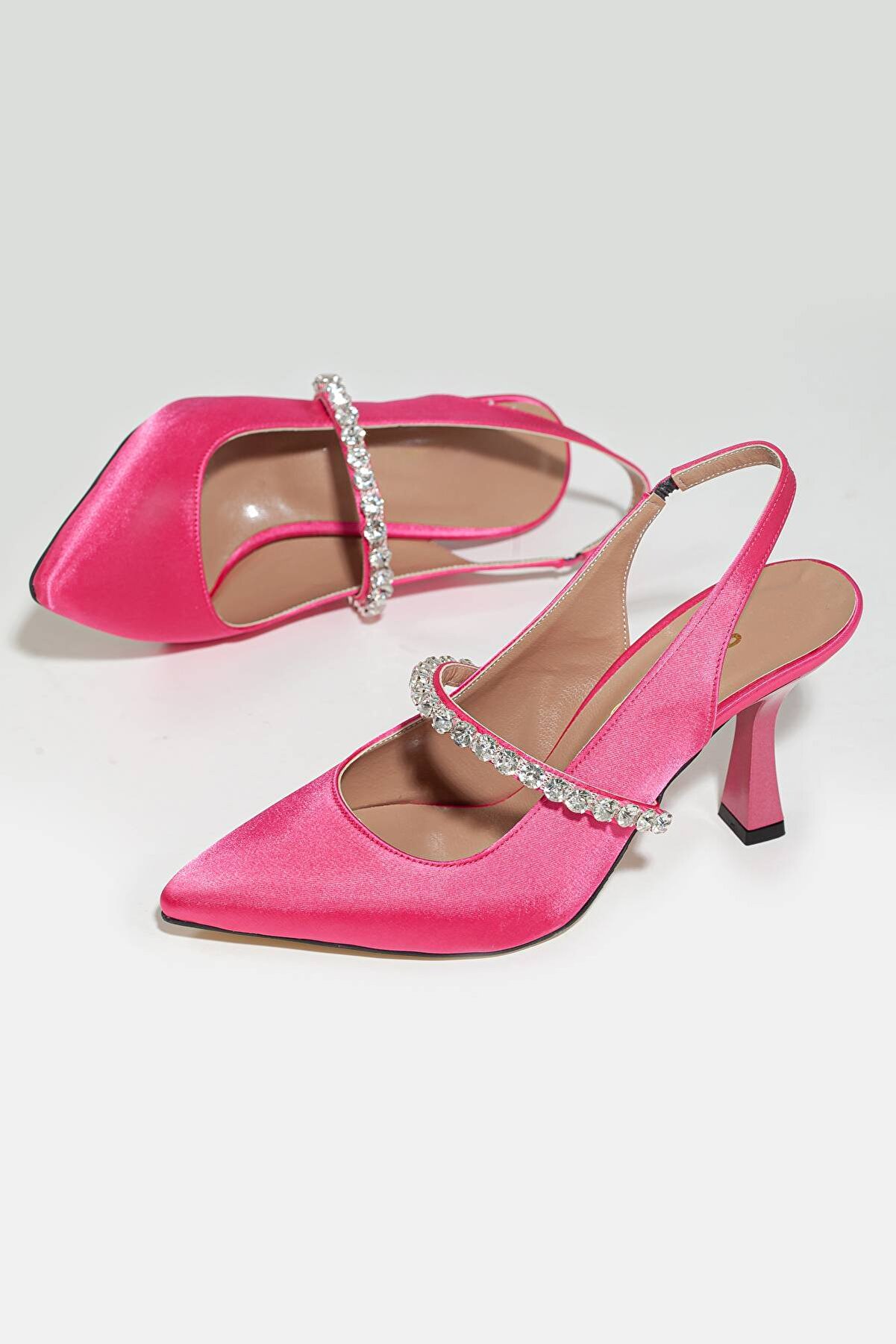 Gult Arkası Açık Taşlı Gece Ayakkabısı Fuşya Saten