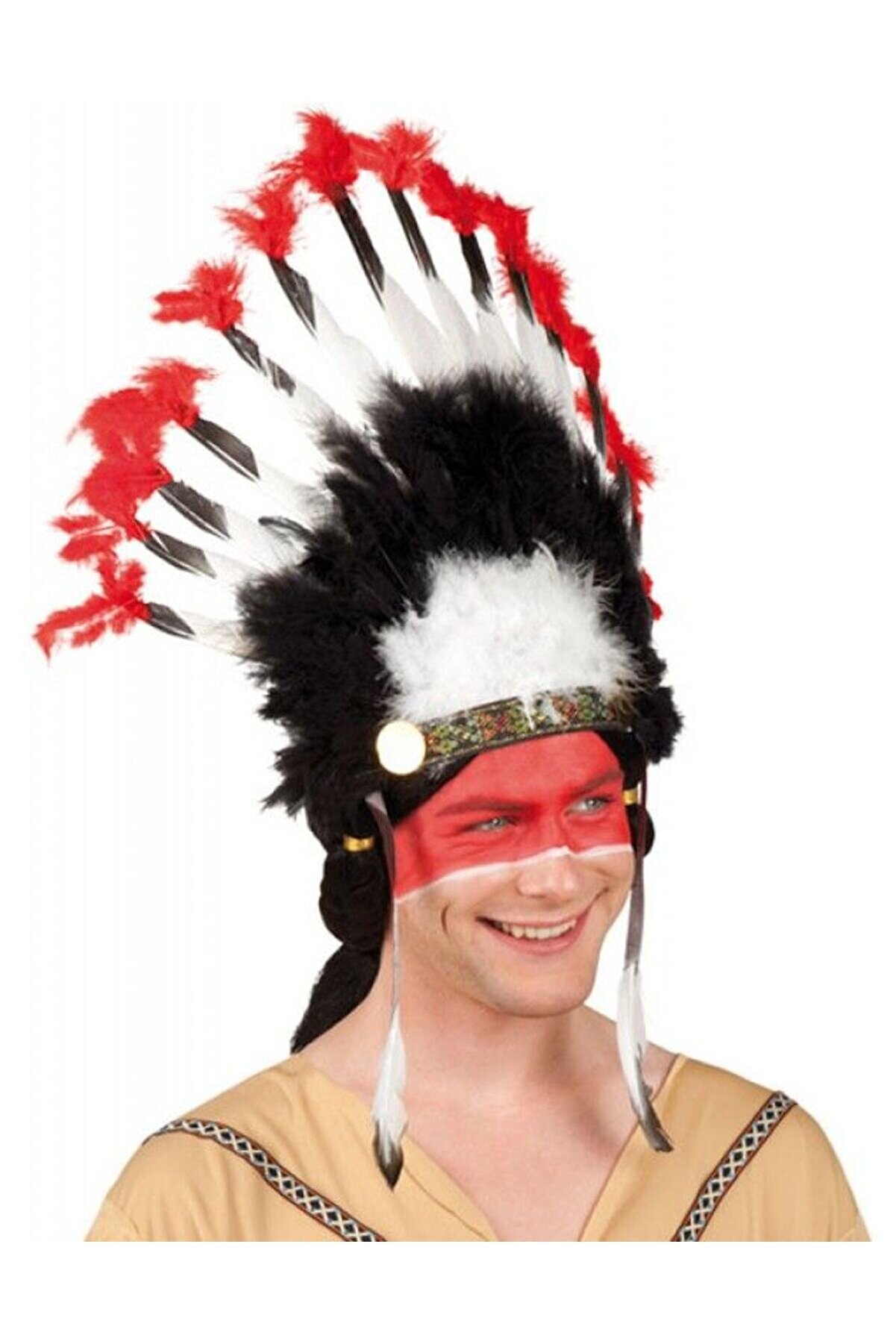 Go İthalat Beyaz T&uuml;yl&uuml; Si̇yah Kırmızı B&uuml;y&uuml;k Hi̇ntli̇ Kızılderi̇li̇ Başlığı (4247)