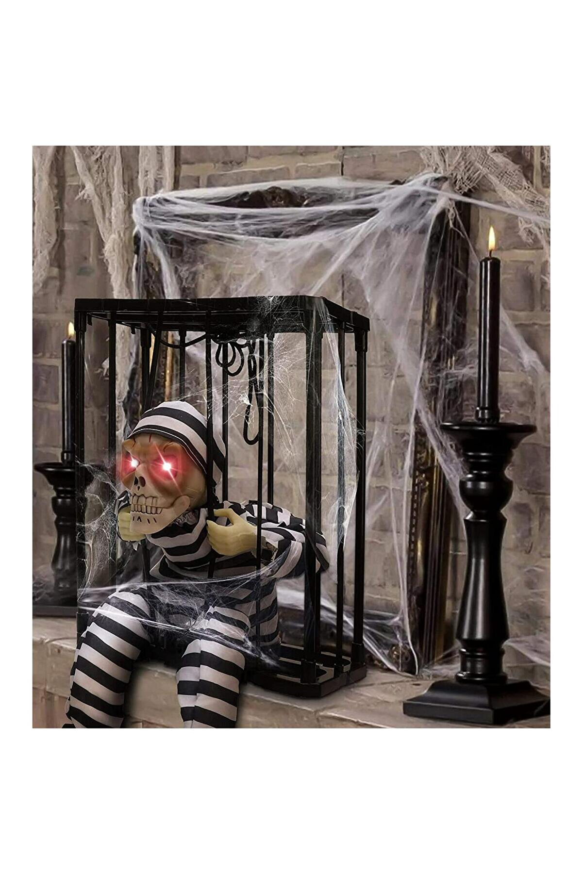 Go İthalat Hareketli̇ Sesli̇ Sens&ouml;rl&uuml; Mahkum G&ouml;r&uuml;n&uuml;ml&uuml; Kuru Kafa İskelet Dekorasyon 22X27 Cm (4247)