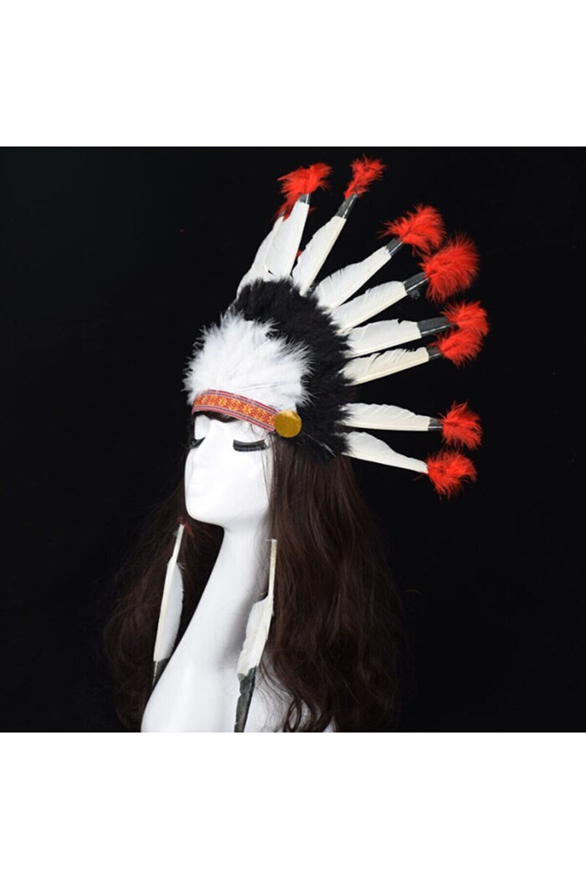 Go İthalat Beyaz T&uuml;yl&uuml; Si̇yah Kırmızı B&uuml;y&uuml;k Hi̇ntli̇ Kızılderi̇li̇ Başlığı (4247)