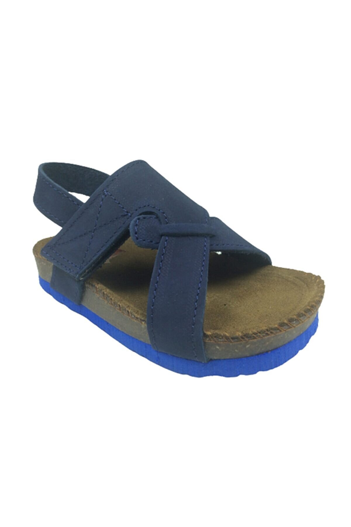Bebe Erkek Çocuk Sandalet Laci̇vert Nubuk Yandan Cırtlı Deri̇ Mantar Taban