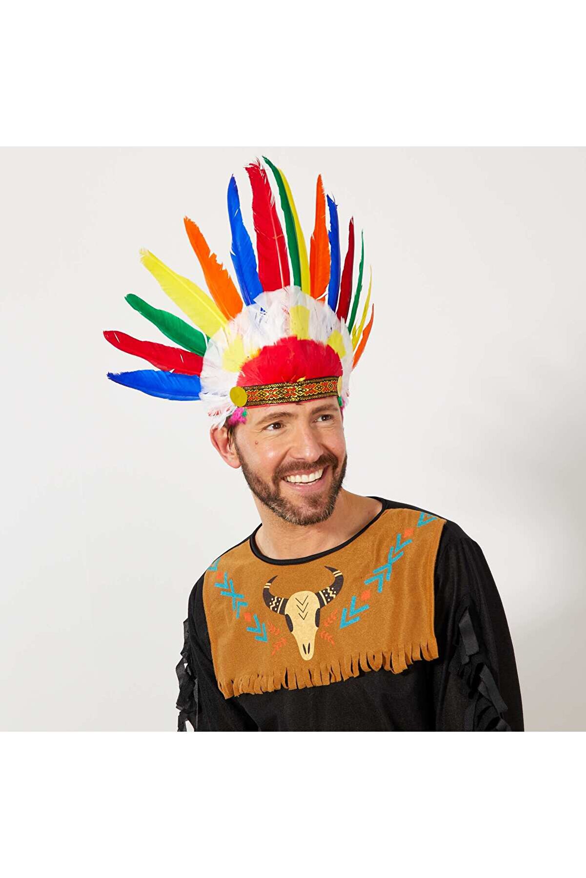 Go İthalat Rengarenk Ger&ccedil;ek T&uuml;yl&uuml; Lasti̇k Aparatlı Kızılderi̇li̇ Başlığı (4130)