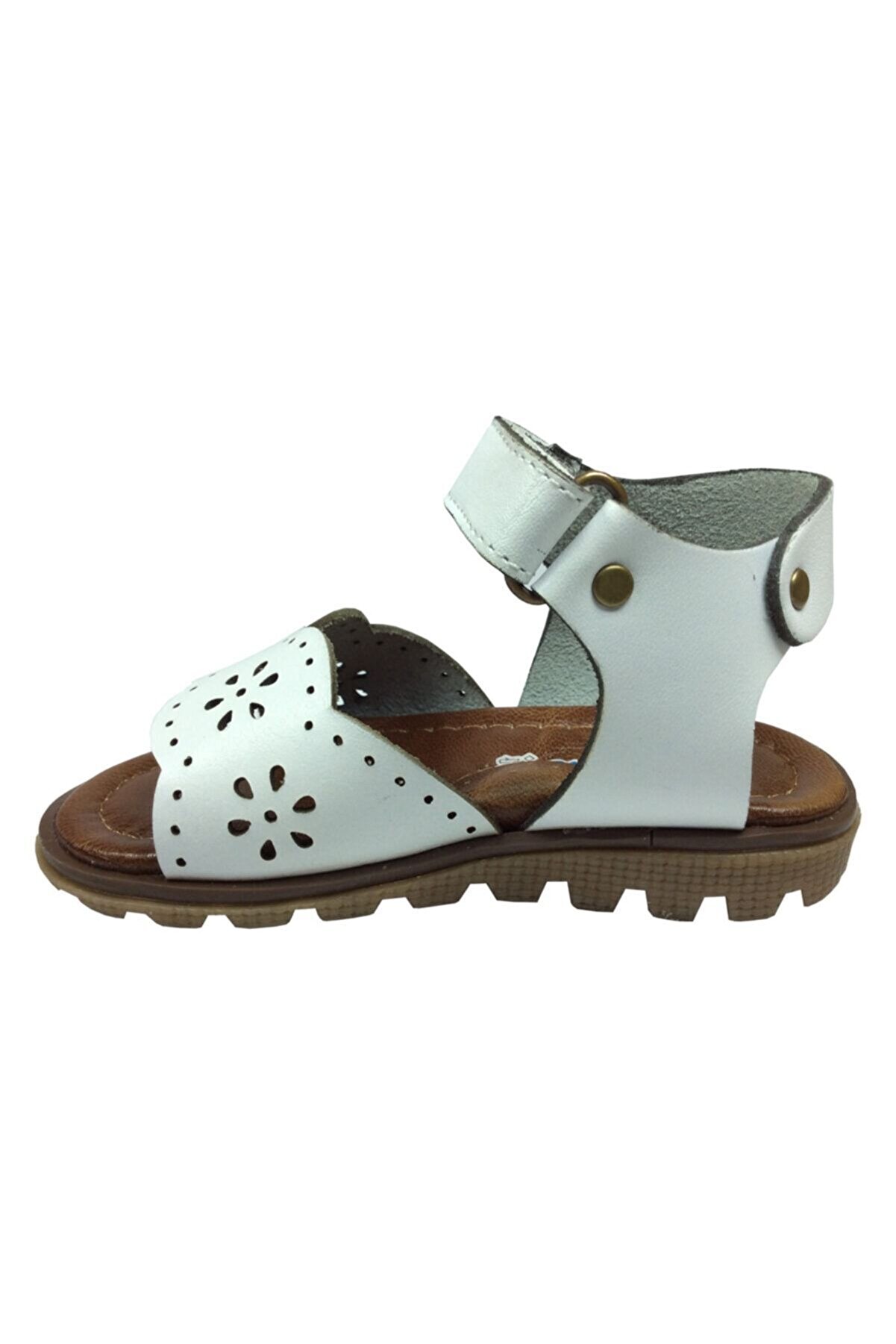 Kız Sandalet Beyaz Lazerli̇ Çi̇çek Desen Bi̇lekten Ci̇rtli̇ % 100 Deri̇