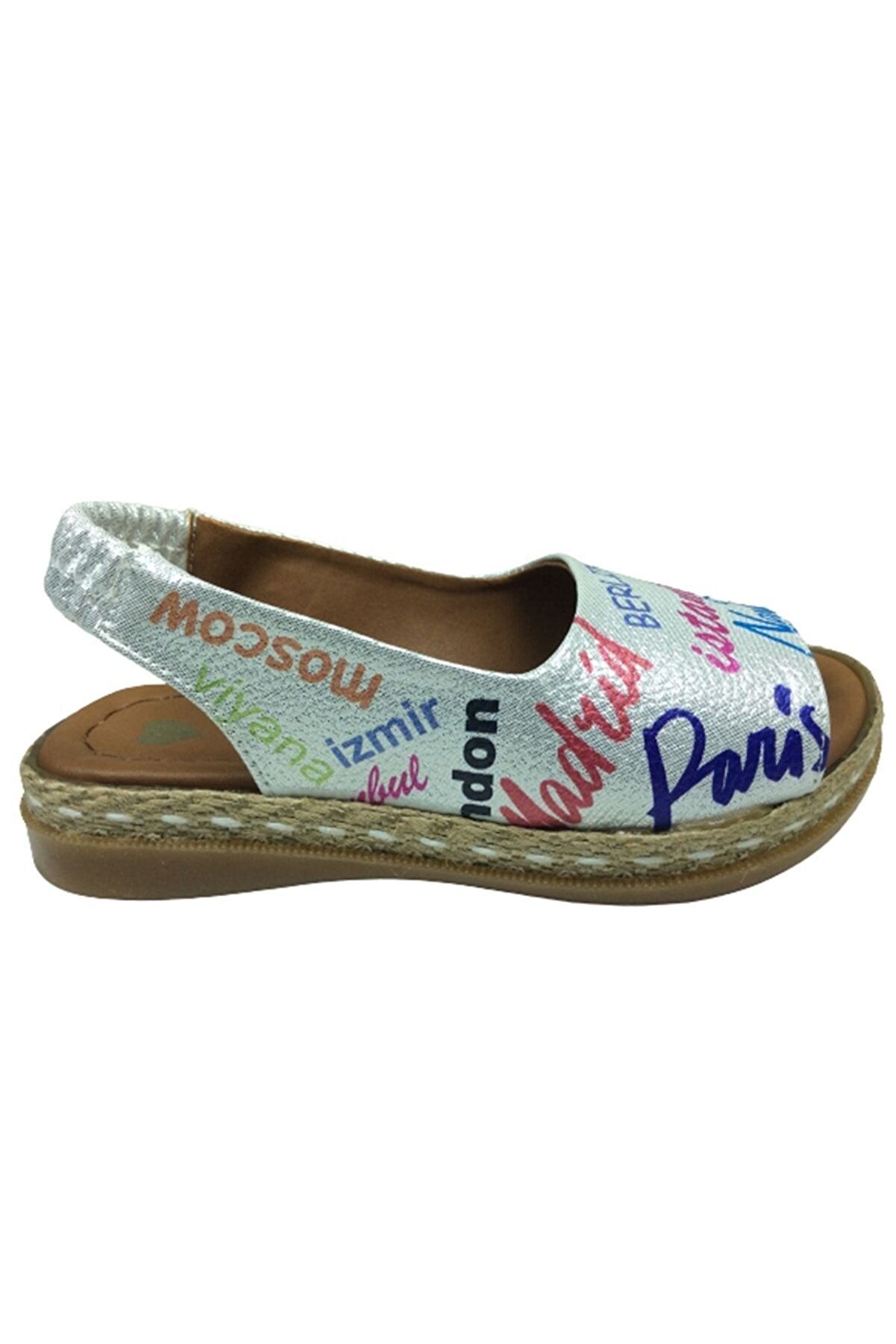 OrtopedikAL 1506 (PLM) Patik Kız Sandalet Gümüş Baskı Desenli Yazılı Arkası Lastikli